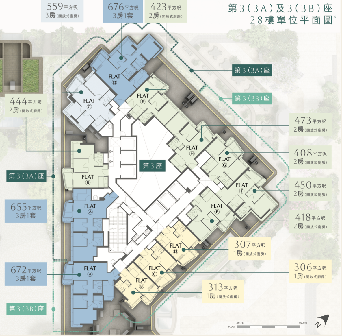 第 3(3A)及 3(3B)座 28 樓單位平面圖,戶型由 306 平方呎一房至 676 平方呎三房一套